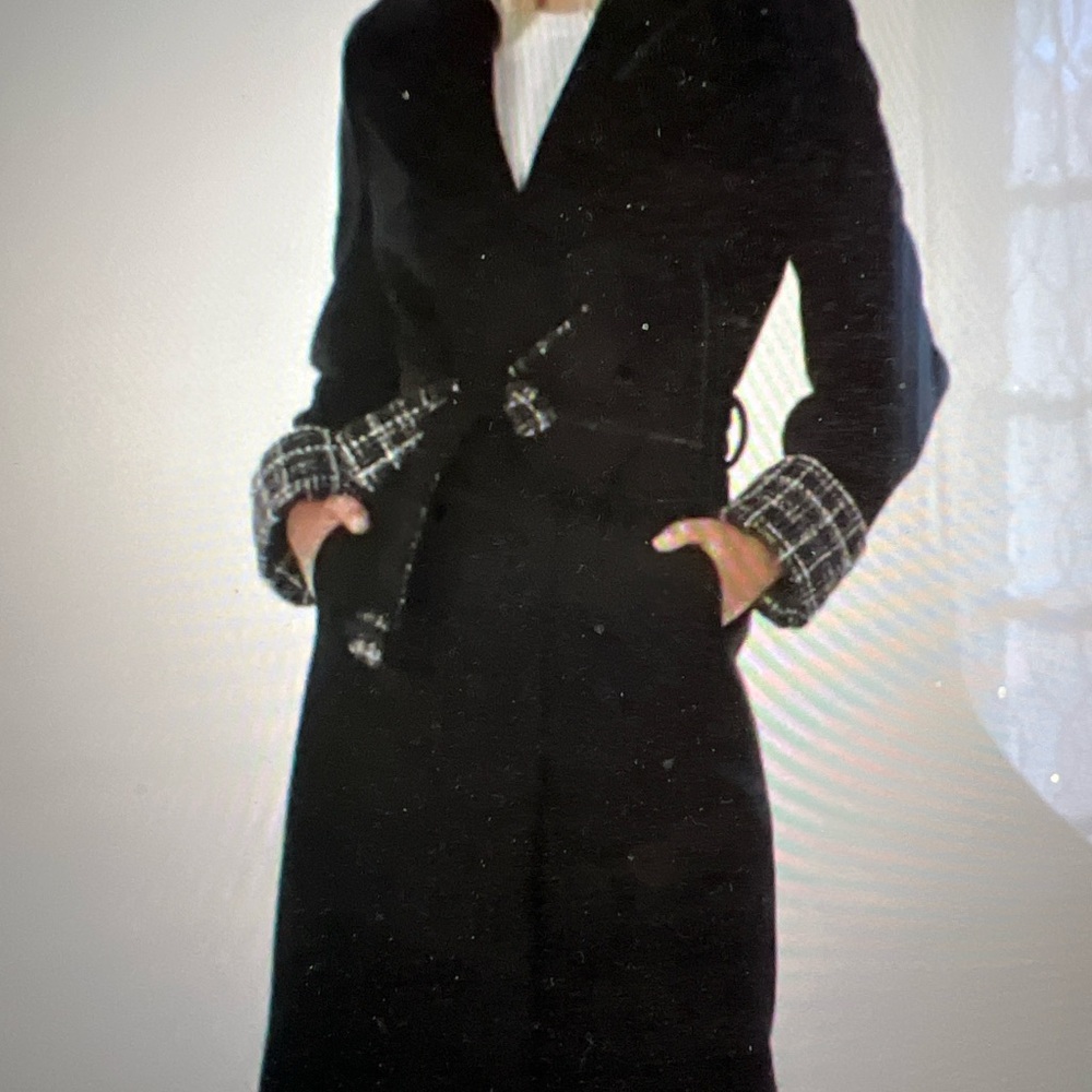 Tahari Black Trench Coat with Plaid Accents